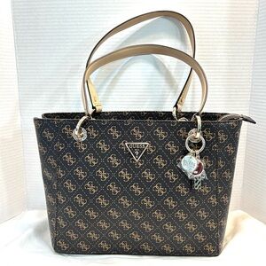 GUESS Noelle Tote Bag Brown Logo Shoulder Signature Purse Double Handle Charms